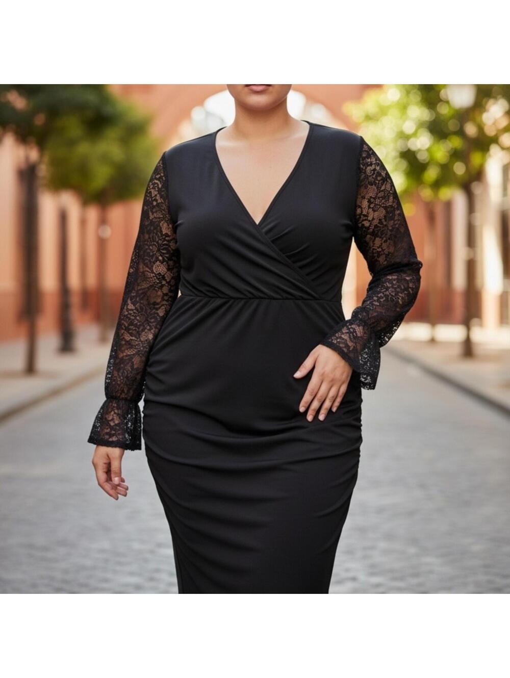 Elegant Black Lace-Sleeve Wrap Midi Dress